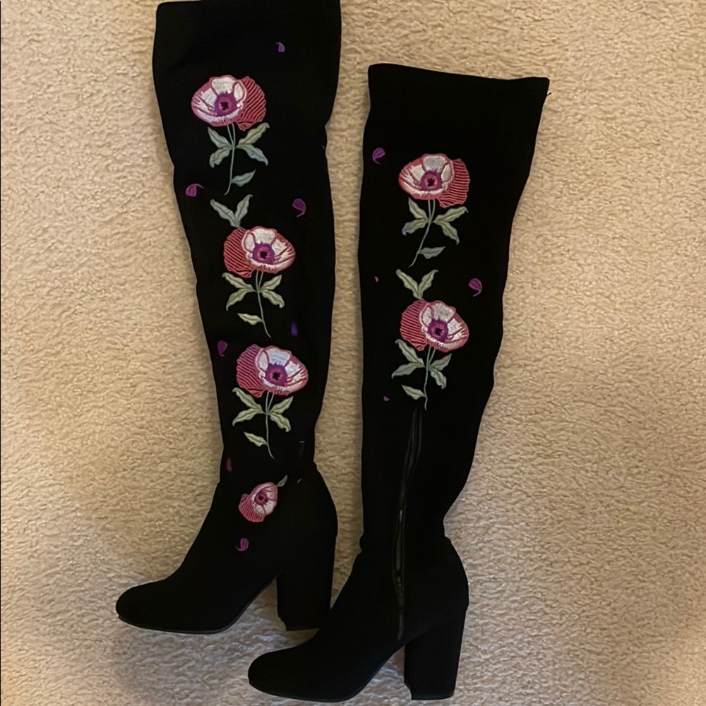 Floral Embroidered Black Knee-High Boots